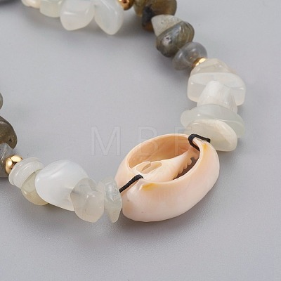 Natural Labradorite & White Moonstone Chip Braided Bead Bracelets BJEW-JB04080-05-1