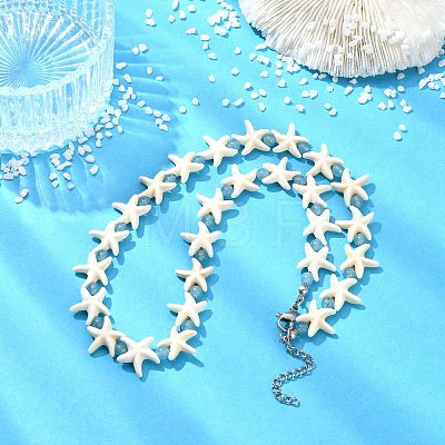 Ocean Synthetic Turquoise Starfish and Dyed Round Natural White Jade Beaded Necklaces NJEW-JN06201-1