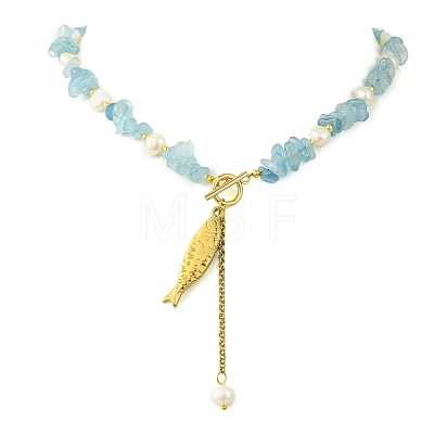 304 Stainless Steel Fish Pendant Natural Aquamarine Chip and Pearl Beaded Necklaces for Women NJEW-JN06299-02-1