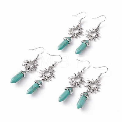 Synthetic Turquoise Bullet with Sun Dangle Earrings EJEW-I276-01P-09-1