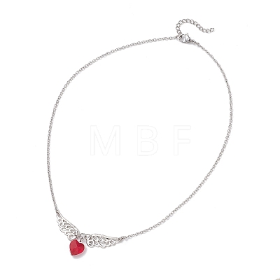 Red Heart with Alloy Angel Wings Pendant 304 Stainless Steel Cable Chain Necklaces NJEW-TA00218-1