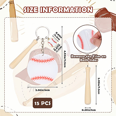 15Pcs Theaceae Wood Baseball Bat & Acrylic Baseball & Alloy Enamel Pendant Keychains KEYC-SW00030-1