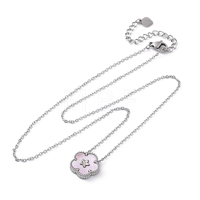 304 Stainless Steel Pave Natural Pink Shell Flower Pendant Necklaces for Women NJEW-U032-16P-01-1