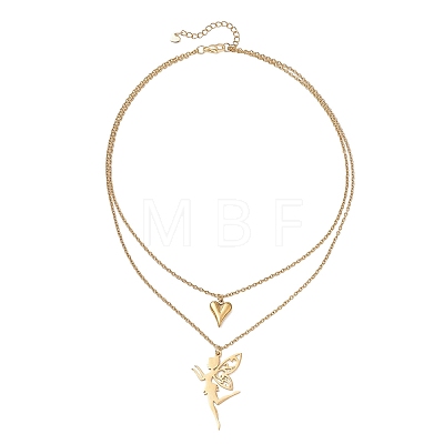 Stainless Steel Fairy and Heart Pendant 304 Stainless Steel Cable Chain Double Layer Necklaces for Women NJEW-JN05810-01-1