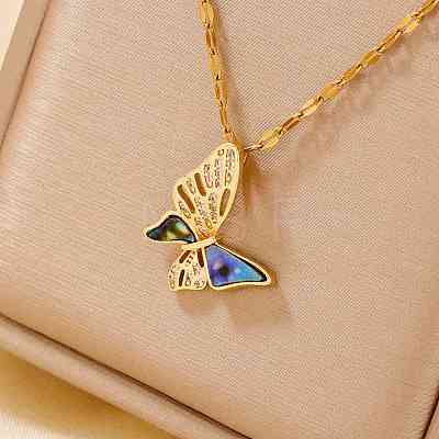 Hollow Out Brass Clear Cubic Zirconia Butterfly Pendant Necklaces QX3520-1-1