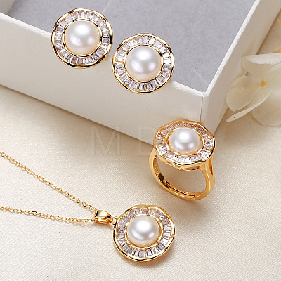 Brass Micro Pave Clear Cubic Zirconia Pendant Necklaces & Stud Earrings & Rings Sets WG2C5C9-02-1