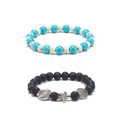 2Pcs 2 Style Natural Lava Rock & Synthetic Turquoise Round Beaded Stretch Bracelets Set BJEW-JB08585-1