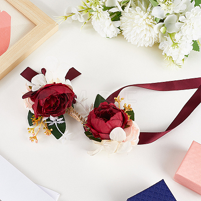 CRASPIRE 2Pcs 2 Style Silk Cloth Rose with Satin Ribbon Corsage Boutonniere & Wrist Corsages AJEW-CP0005-94-1