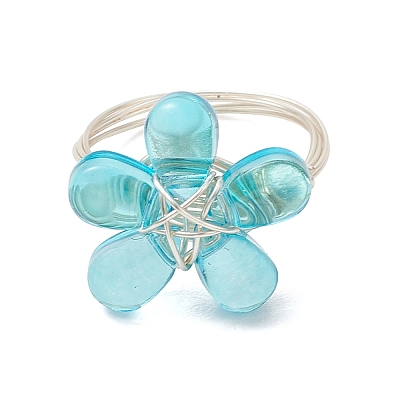 8Pcs 8 Colors Eco-Friendly Copper Wire Wrapped Transparent Glass Finger Rings RJEW-JR00982-1