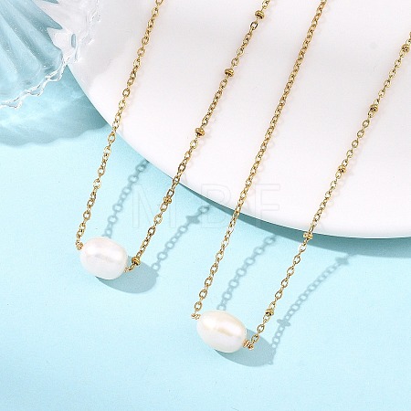 Natural Pearl Rice Pendant 304 Stainless Steel Satellite Chain Necklaces for Women NJEW-JN06149-01-1