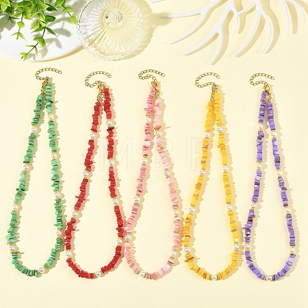 Dyed Natural Freshwater Shell Chip Beads & White Round Shell Pearl Beaded Necklaces NJEW-JN06402-1