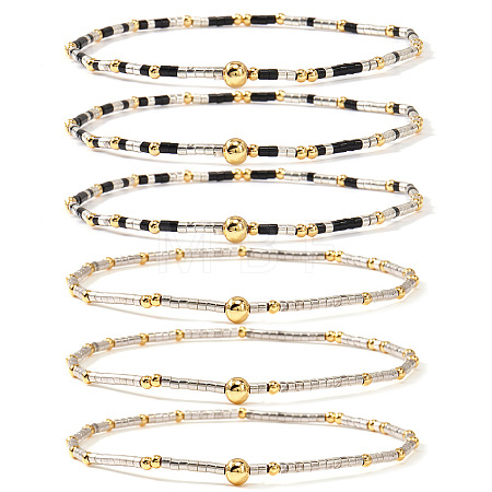 6Pcs Handmade Glass Seed Bead & Brass Beads Stretch Bracelets XZ6120-6-1
