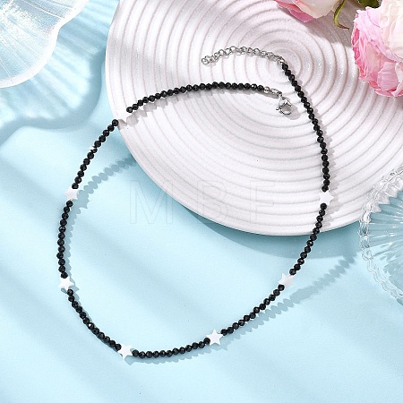 Natural Freshwater Shell Star and Faceted Round Natural Black Spinel Beaded Necklaces for Women NJEW-JN05667-1