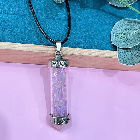Zinc Alloy with Glass Hexagonal Bottle with Inner Natural Ametrine Chips Pendant Black PU Leather Cord Necklaces ZW0534-9-1