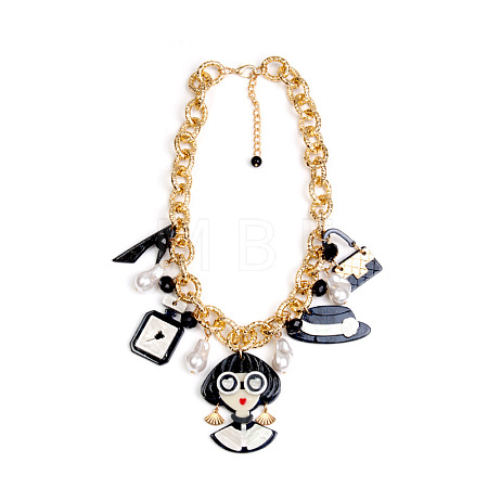 Acrylic Lady Perfume Bottle High Heel and Imitation Pearl Pendant Bib Necklaces with Alloy Chains for Women FS-WGDF0C3-03-1