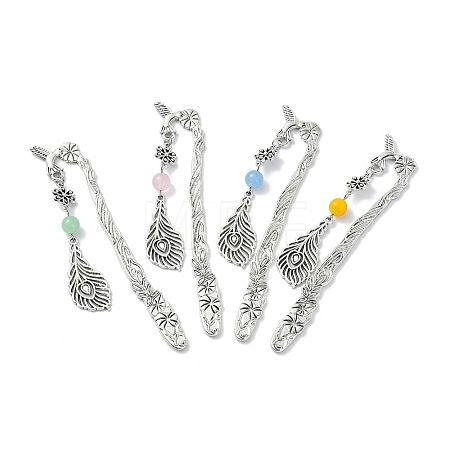 Natural & Dyed Malaysia Jade Round Beaded Alloy Bookmarks AJEW-JK00292-1