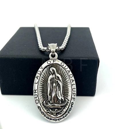 Vintage 304 Stainless Steel Oval with Emboss Virgin Pendant Box Chain Necklaces for Women AV8349-1