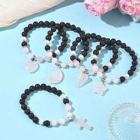 Natural Madagascar Rose Quartz & Lava Rock & Shell Pearl Charm Bracelets BJEW-JB13707-1
