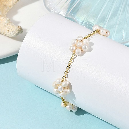 Natural Cultured Freshwater Pearl Beaded Flower Link Chain Bracelets BJEW-JB14325-1