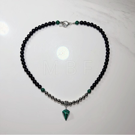 European 8mm Black Glass Beaded Synthetic Malachite Pyramid Pendant Necklaces with Alloy OT Clasps for Men WW6368-1-1