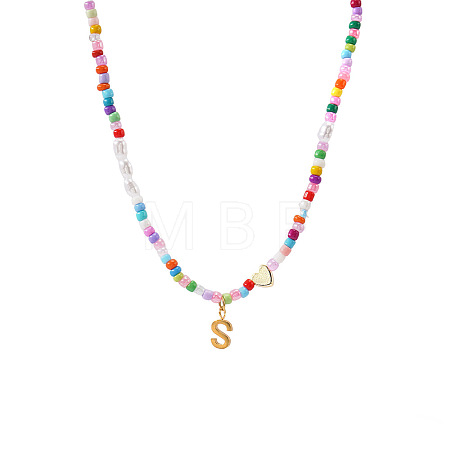 Colorful Beaded Heart Letter Necklace with Pearl Elements Stainless Steel Pendant Jewelry TR2146-19-1