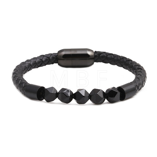 Men's Black Onyx Stone Beaded Bracelet with Magnetic Clasp Leather Weave Jewelry ST1787431-1
