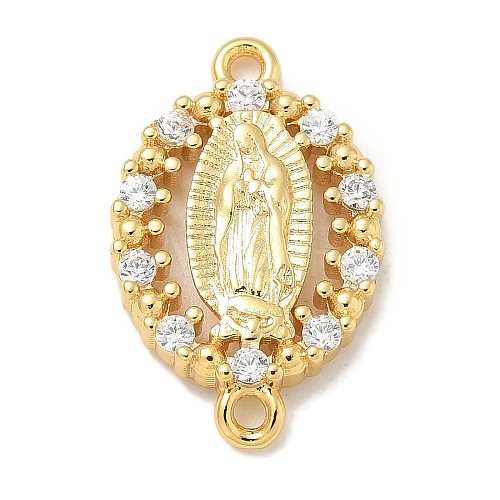 Rack Plating Brass Clear Cubic Zirconia Religion Oval Virgin Mary Connector Charms KK-L224-097G-1