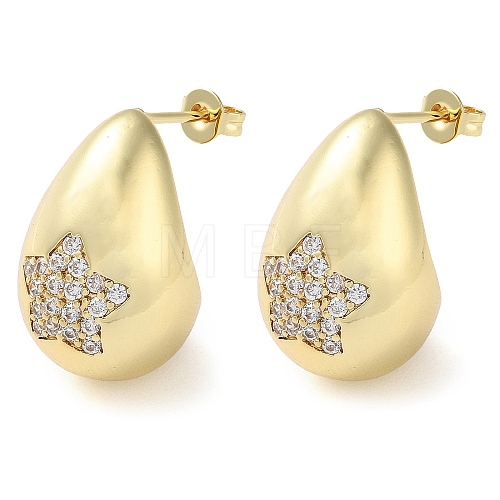 Teardrop with Star Brass Micro Pave Clear Cubic Zirconia Stud Earrings EJEW-A034-03G-1