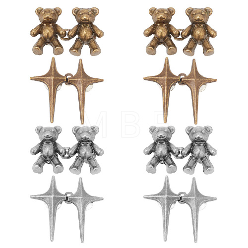 DELORIGIN 8Pcs 4 Style 4 Pointed Star & Bear Alloy Adjustable Jean Button Pins AJEW-DR0001-33-1