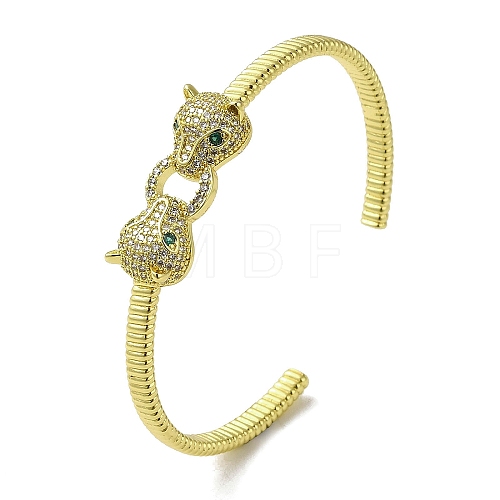 Brass Pave Clear & Green Cubic Zirconia Leopard Open Cuff Bangle for Women BJEW-K246-22B-G-1