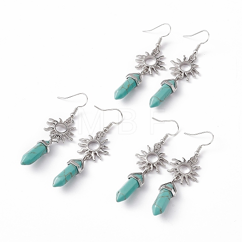 Synthetic Turquoise Bullet with Sun Dangle Earrings EJEW-I276-01P-09-1