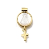 Brass Pave Natural White Shell Flat Round with Cross Pendants KK-C090-40G-2