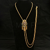 Vintage Gothic Style Brass Pave Cubic Zirconia Flower Long Tassel Lariat Necklace Brooch for Women GO0016-3-4