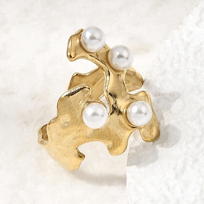304 Stainless Steel with Imitation Pearl Cuff Open Rings for Women RJEW-Z144-01G-04-1