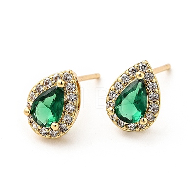 Green Cubic Zirconia Teardrop Stud Earrings EJEW-F288-20-1