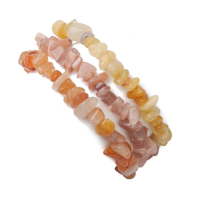 3Pcs Natural Red Aventurine & Natural Sunstone & Natural Topaz Jade Chip Beaded Stretch Bracelet Sets BJEW-JB10867-1