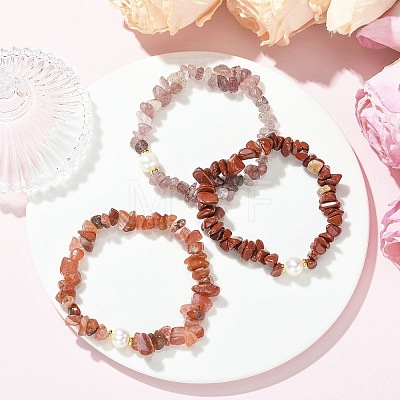 3Pcs 3 Styles Natural Mixed Gemstone Chip & Cultured Freshwater Pearl Beaded Stretch Bracelets Set for Women BJEW-JB13762-07-1