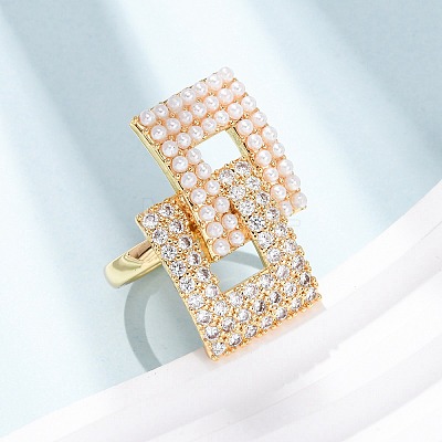 Adjustable Brass Micro Pave Clear Cubic Zirconia with ABS Plastic Pearl Cuff Rings RJEW-G368-02G-1