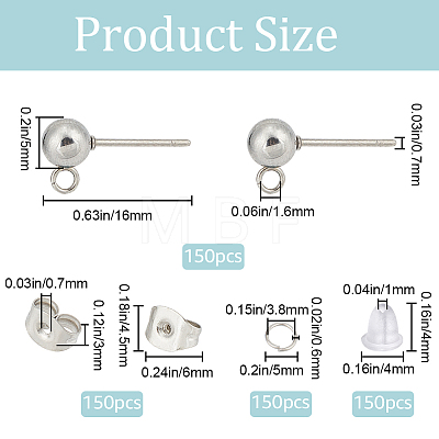 SOFPLATE 150Pcs 202 Stainless Steel Ball Stud Earring Findings STAS-SP0001-52C-P-1