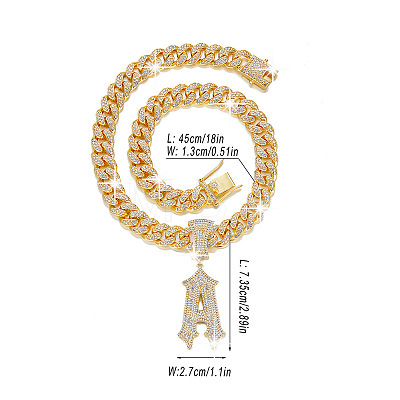Alloy Full Crystal Rhinestone Letter Pendant Cuban Link Chain Necklaces for Men FS-WGEAD7F-04-1