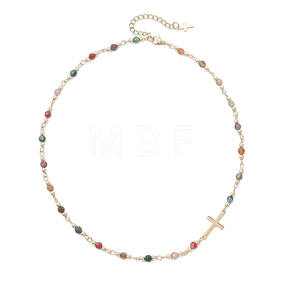 Faceted Natural Indian Agate Round Beads & 304 Stainless Steel Tiny Cross Handmade Link Chain Necklaces NJEW-JN05842-03-1