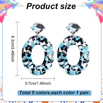 ANATTASOUL 5 Pair 5 Color Acrylic Hollow Oval Dangle Stud Earrings with Steel Iron Pins for Women EJEW-AN0004-04-1