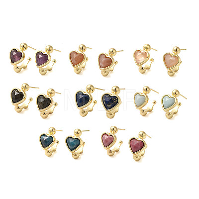 Natural Mixed Stone Heart Stud Earrings EJEW-K287-01G-A-1