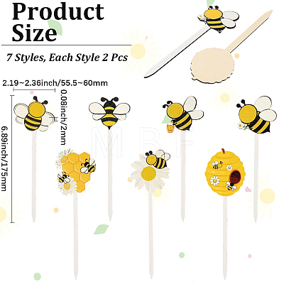 14Pcs 7 Styles Wooden Bees Decorative Pick for Home Vase Filler AJEW-CY0002-68-1