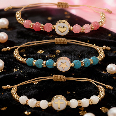3Pcs Minimalist Adjustable Synthetic Turquoise & Watermelon Stone Glass & Natural Shell Beads Braided Bead Bracelets SR5600-4-1