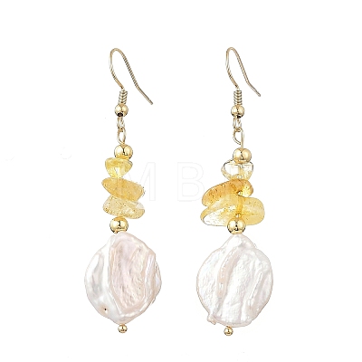 Natural Citrine/Natural Amethyst/Natural Rose Quartz/Natural Amazonite Chip & Natural Keshi Pearl Dangle Earrings EJEW-JE07445-1