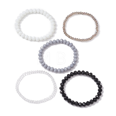 5Pcs 5 Styles Faceted Round Glass Beaded Stretch Bracelet Sets BJEW-JB10423-03-1