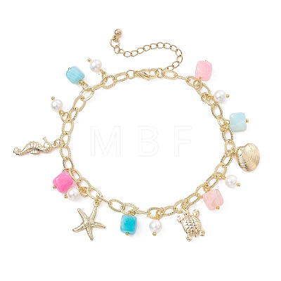 Ocean Theme Dyed Natural Agate & Glass Pearl & 304 Stainless Steel Starfish Turtle Charm Anklets for Women AJEW-AN00798-1