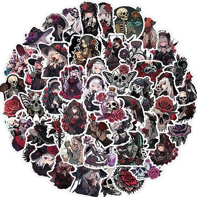 50Pcs PVC Self-Adhesive Gothic Rose Girl Horror Skull Sticker PW-WGAA076-01-1