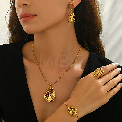 Stainless Steel Hollow Teardrop Bracelets & Earrings & Necklaces & Rings Sets for Women GO0087-1